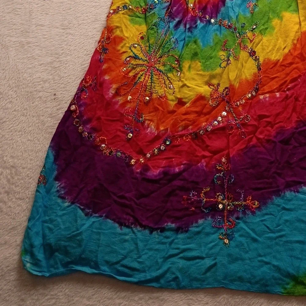 Boho Rainbow Tie Dye Smocked Sequin Embroidered Maxi Skirt Festival Dress NWOT